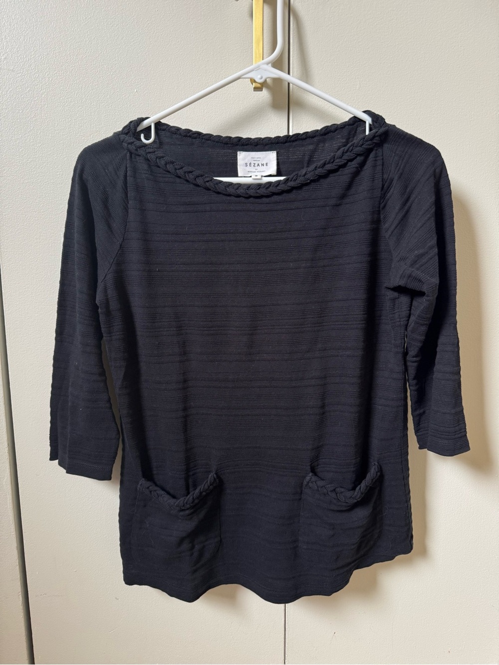 Sezane Black Braided-Neck Tee